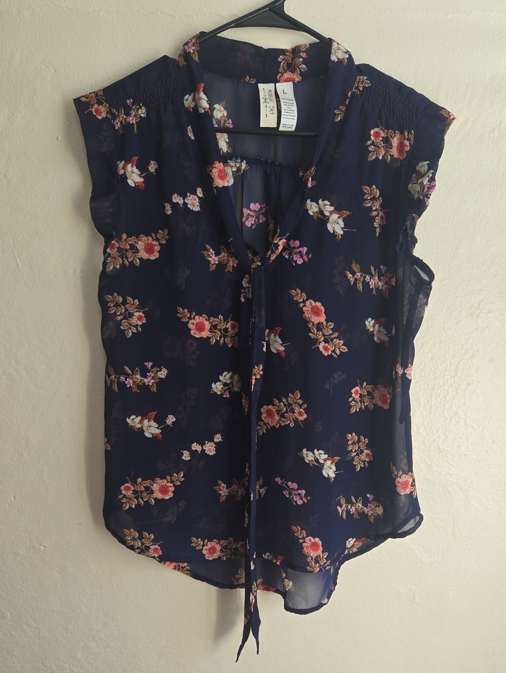 Navy Floral Tie-Front Cap Sleeve Blouse